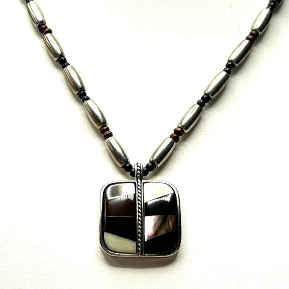 Vintage Jack Woolsey Silver Inlay Pendant Necklace—MOP, Onyx, Jasper, Bone—EUC - Picture 1 of 11